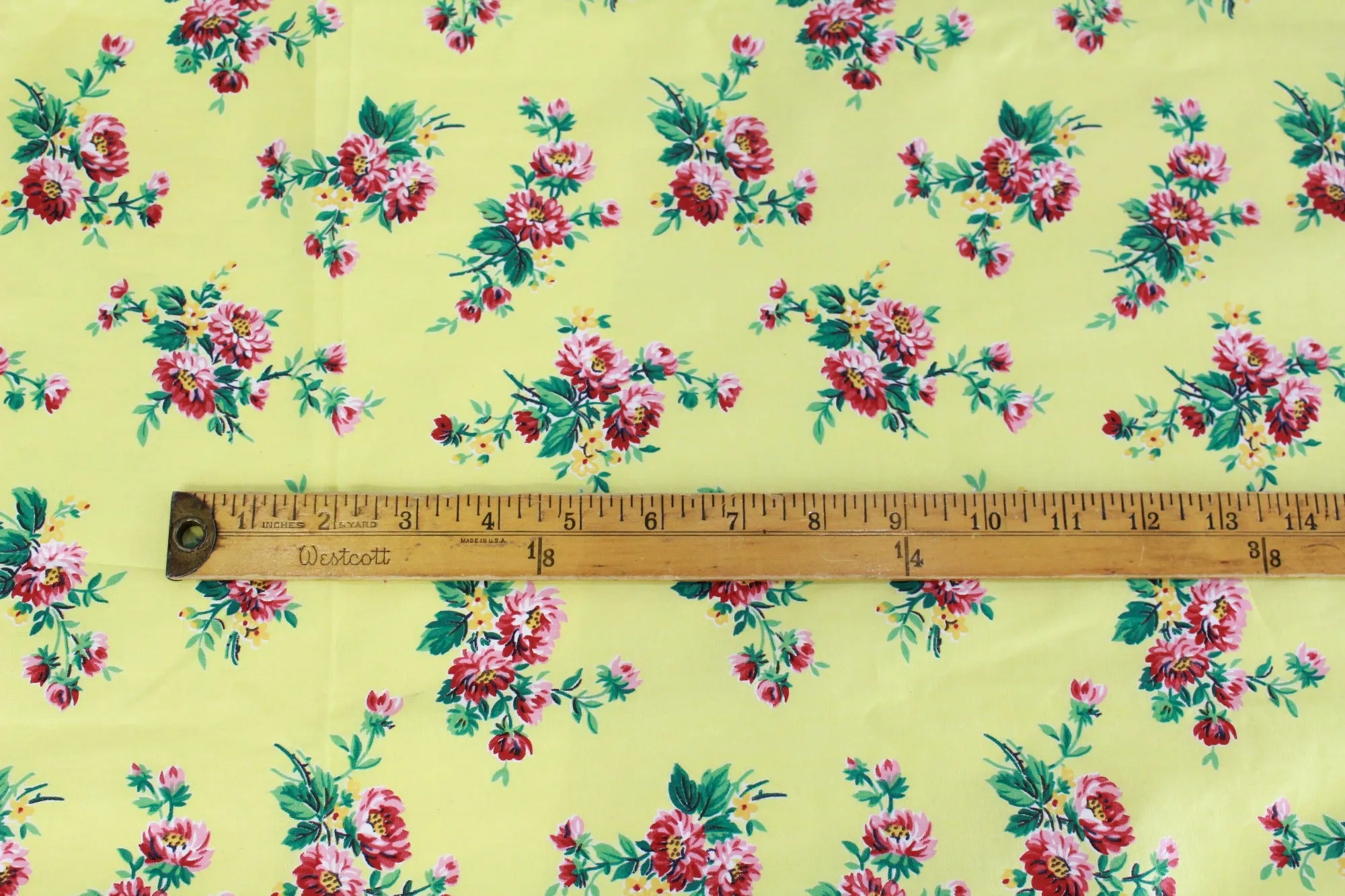 1950s Yellow Pink Floral Print Polished Cotton Fabric, 8.19 Yards