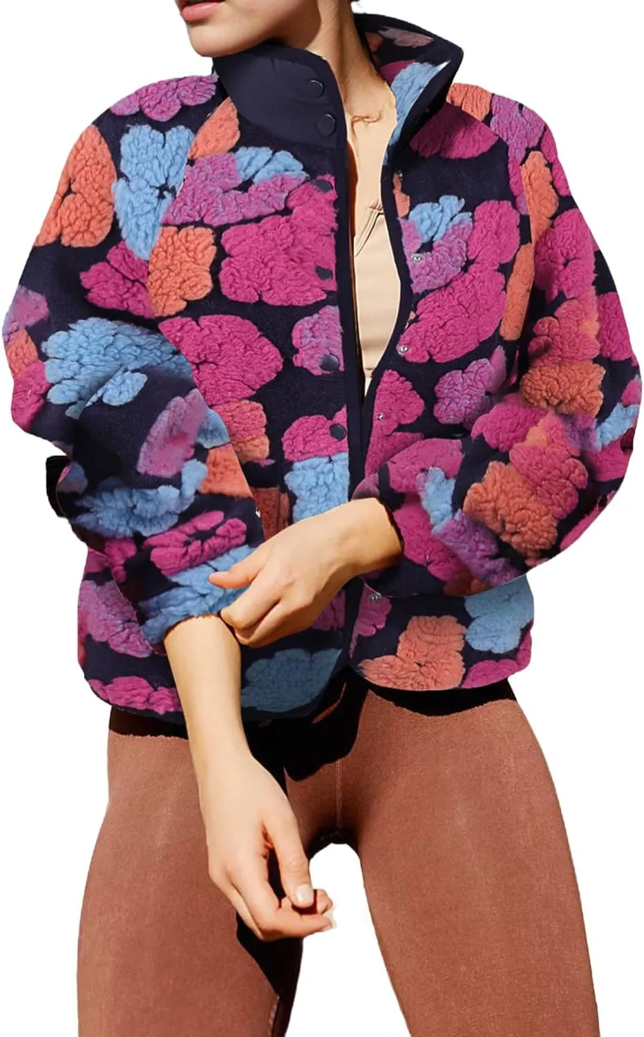 Aoang Floral Fleece Jacket Button Down Shacket Casual Sherpa Coats Warm Outwear