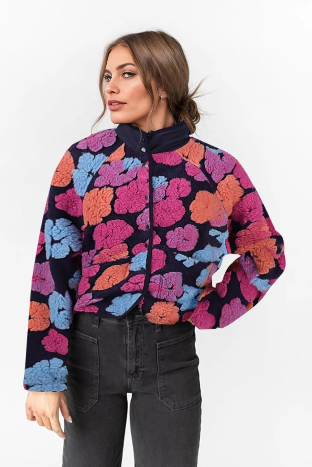 Aoang Floral Fleece Jacket Button Down Shacket Casual Sherpa Coats Warm Outwear