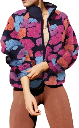 Aoang Floral Fleece Jacket Button Down Shacket Casual Sherpa Coats Warm Outwear