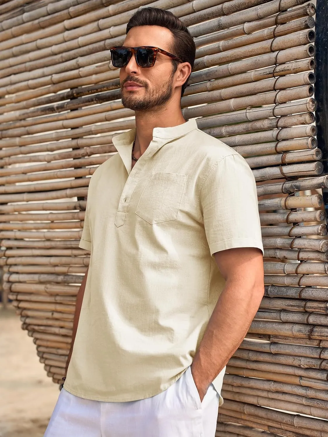 Beotyshow Men 100% Cotton Linen Henley Shirt Casual Short Sleeve Summer T Shirt Pocket Button Tee Top Beach Hippie Shirt