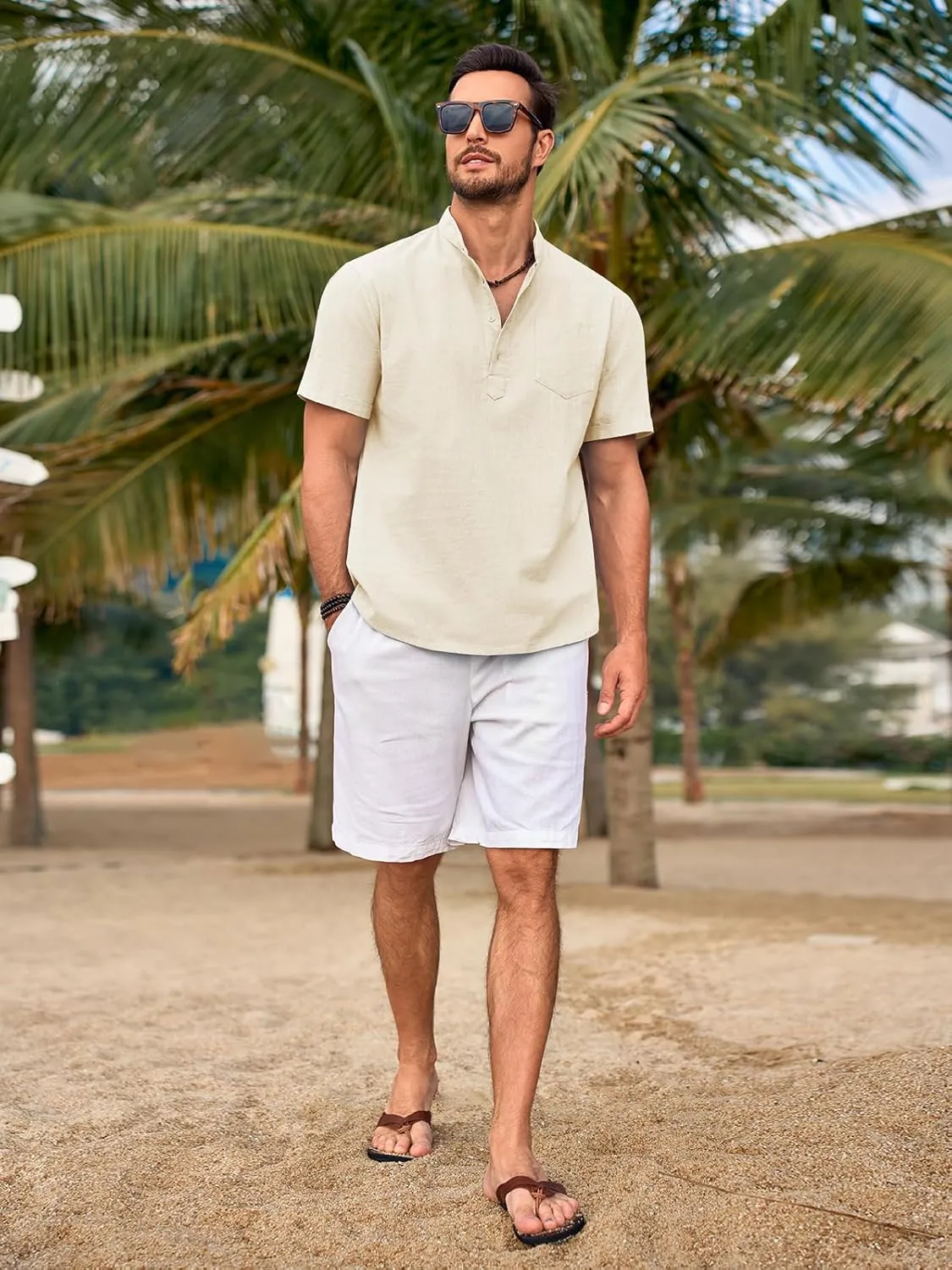 Beotyshow Men 100% Cotton Linen Henley Shirt Casual Short Sleeve Summer T Shirt Pocket Button Tee Top Beach Hippie Shirt
