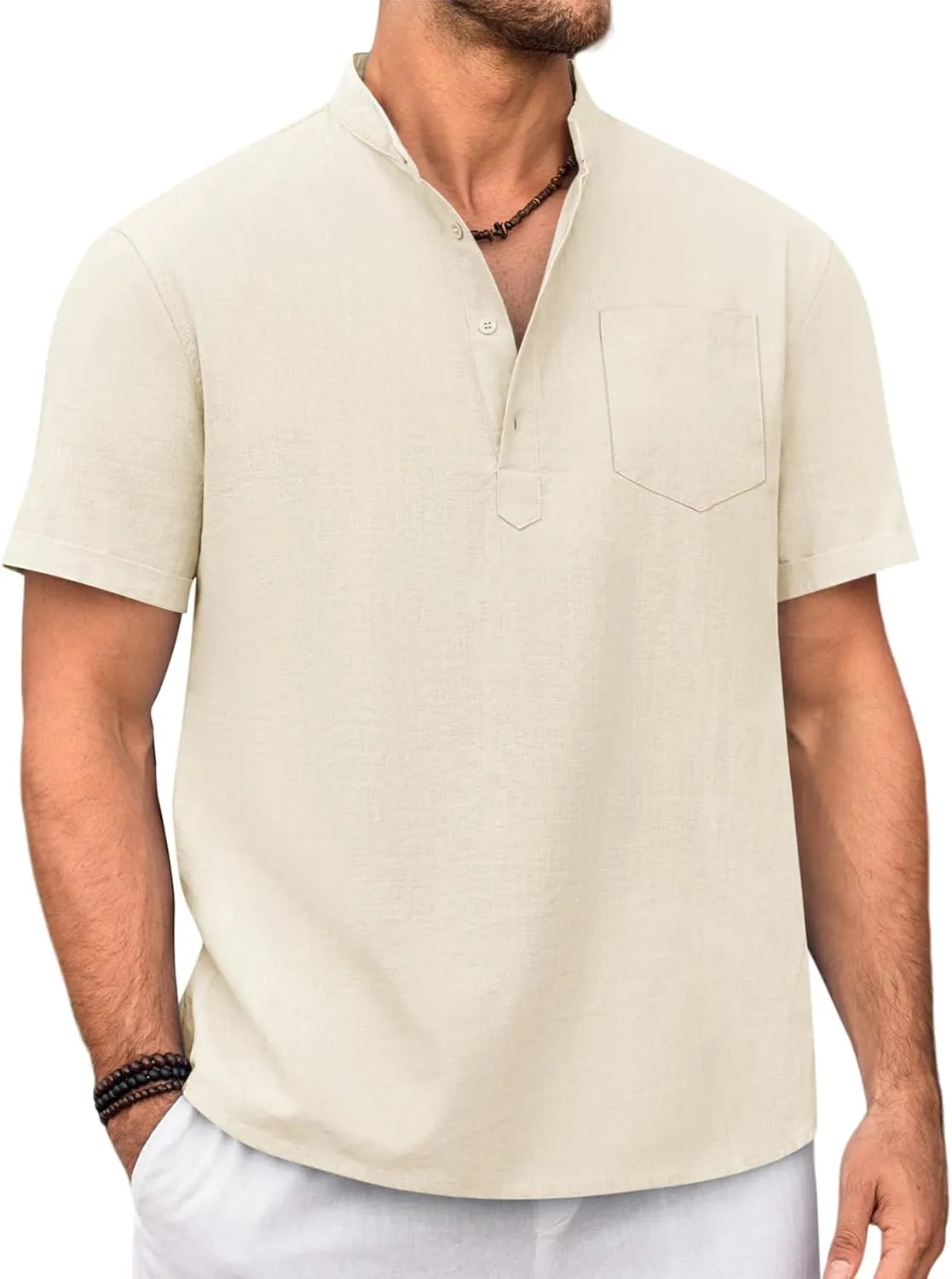 Beotyshow Men 100% Cotton Linen Henley Shirt Casual Short Sleeve Summer T Shirt Pocket Button Tee Top Beach Hippie Shirt