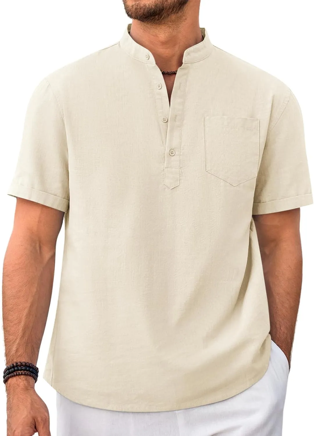 Beotyshow Men 100% Cotton Linen Henley Shirt Casual Short Sleeve Summer T Shirt Pocket Button Tee Top Beach Hippie Shirt
