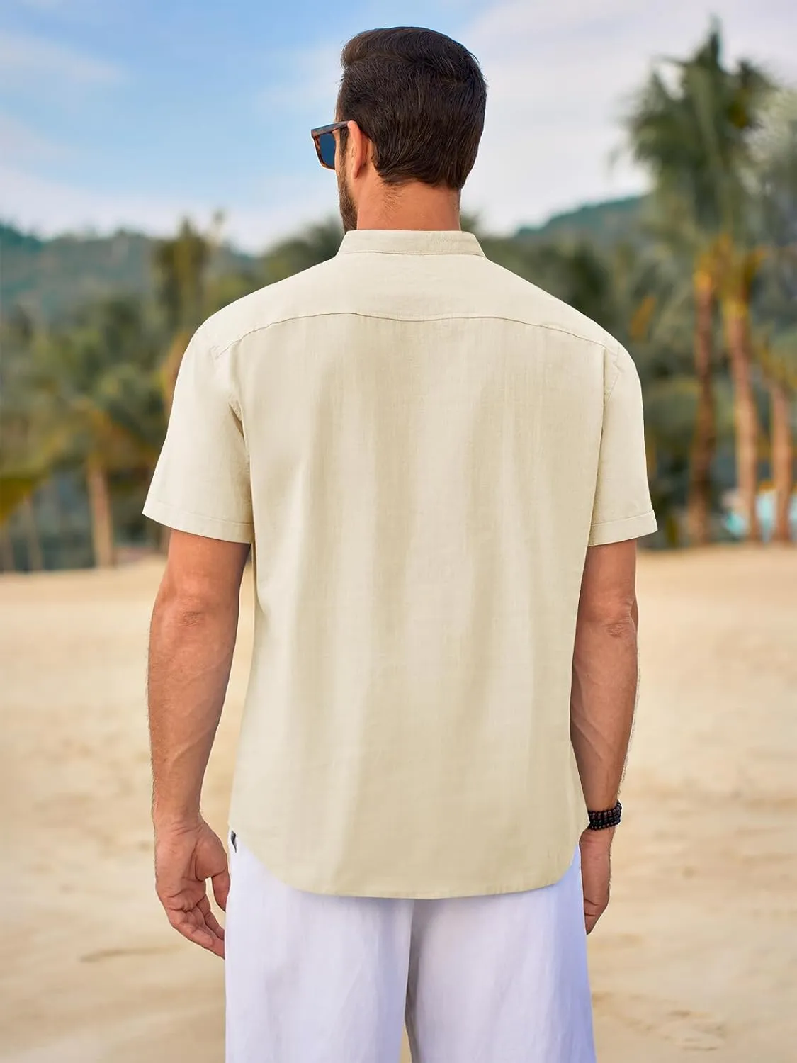 Beotyshow Men 100% Cotton Linen Henley Shirt Casual Short Sleeve Summer T Shirt Pocket Button Tee Top Beach Hippie Shirt