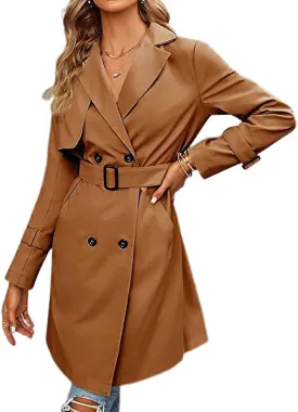 CHARTOU Women's Casual Notched Lapel Collar Double Breasted Trench Coat Wrap Coat with Belt