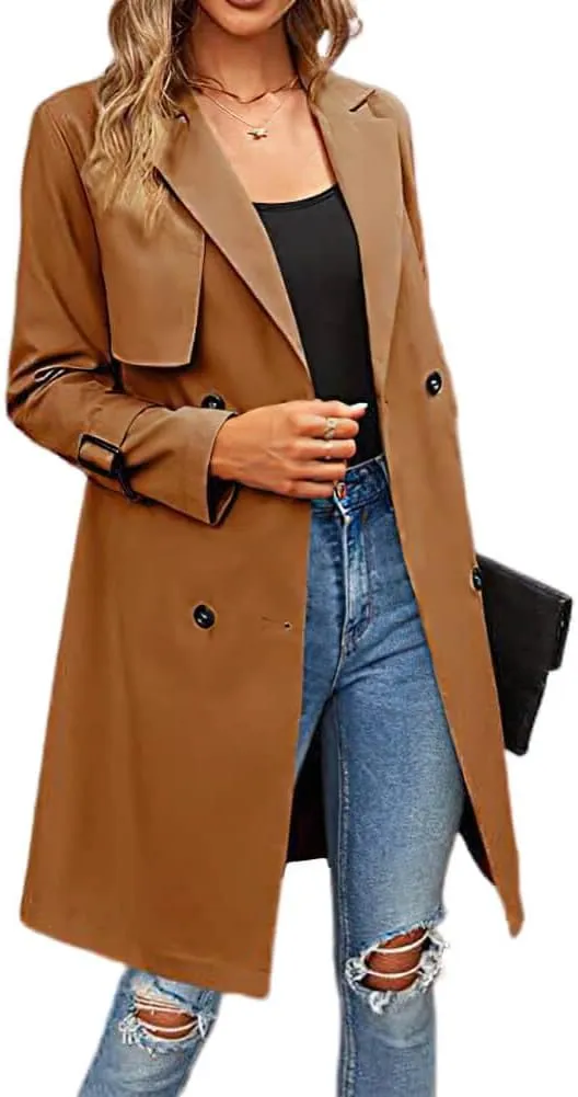 CHARTOU Women's Casual Notched Lapel Collar Double Breasted Trench Coat Wrap Coat with Belt