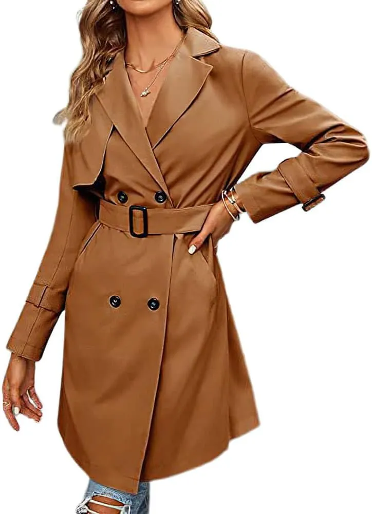 CHARTOU Women's Casual Notched Lapel Collar Double Breasted Trench Coat Wrap Coat with Belt