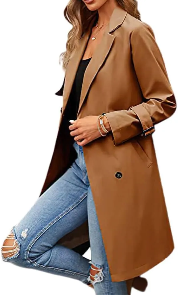 CHARTOU Women's Casual Notched Lapel Collar Double Breasted Trench Coat Wrap Coat with Belt
