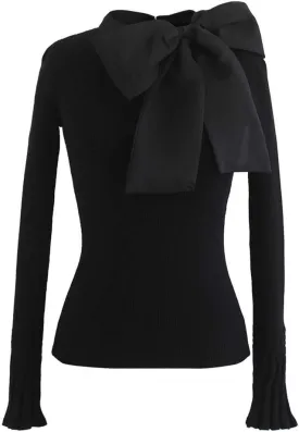 CHICWISH Women Bow Tied Long Sleeve Knit Top Mock Neck Slim Fitted Elegant Blouses Top Solid Wrap Pullover Tops
