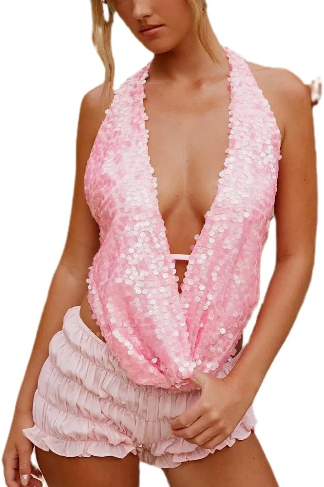 DSORVICD Women Y2k Sequin Cami Top Sexy Sparkly Sleeveless Backless Halter Top Summer Going Out Top Glitter Camisole Clubwear
