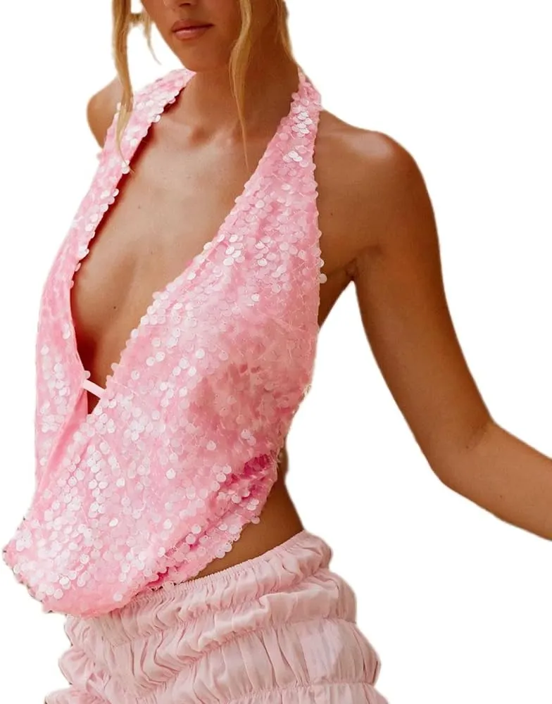 DSORVICD Women Y2k Sequin Cami Top Sexy Sparkly Sleeveless Backless Halter Top Summer Going Out Top Glitter Camisole Clubwear