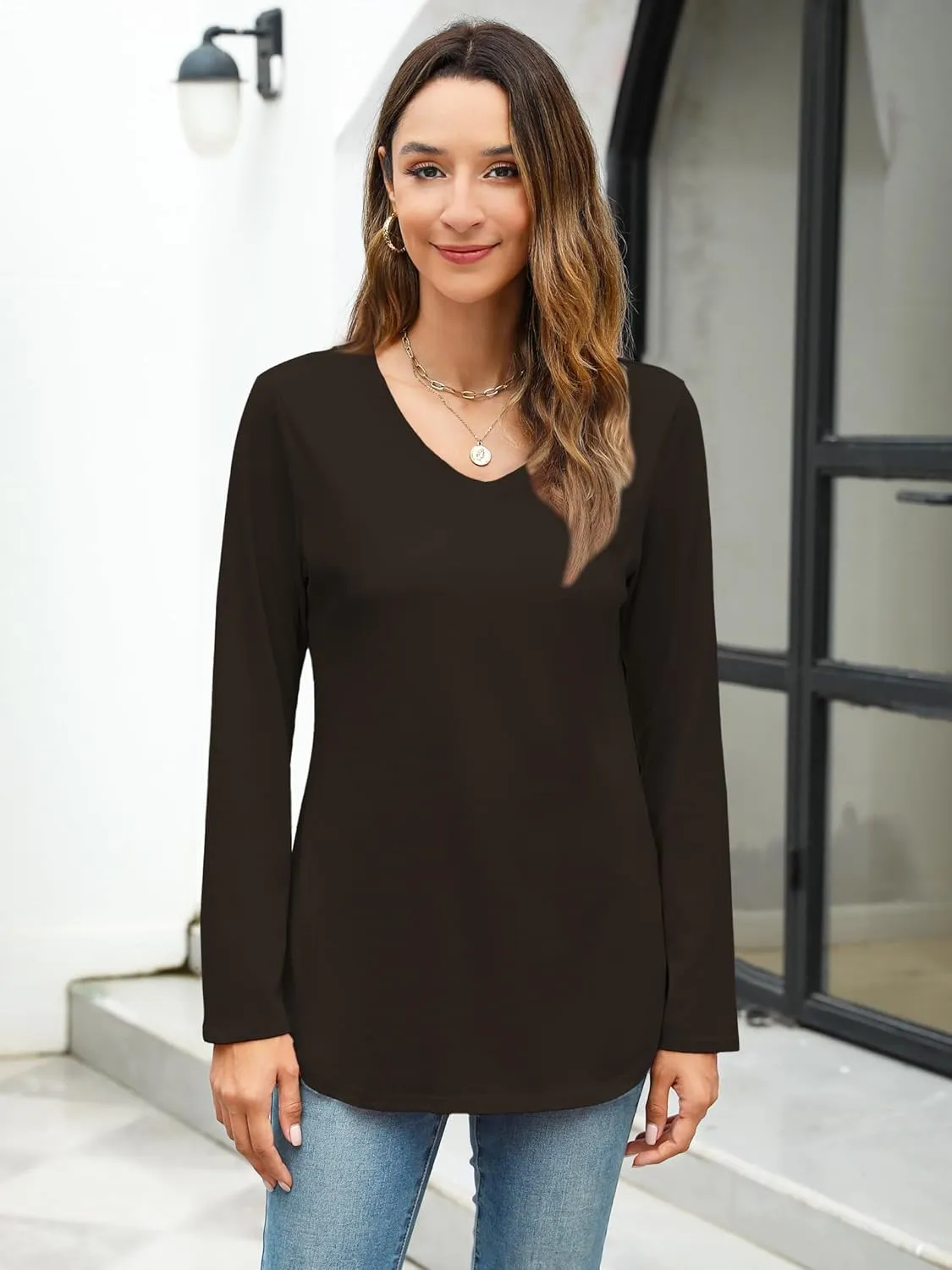 Elesomo Womens T Shirts V Neck Summer Short/Long Sleeve Cotton Tops Tees