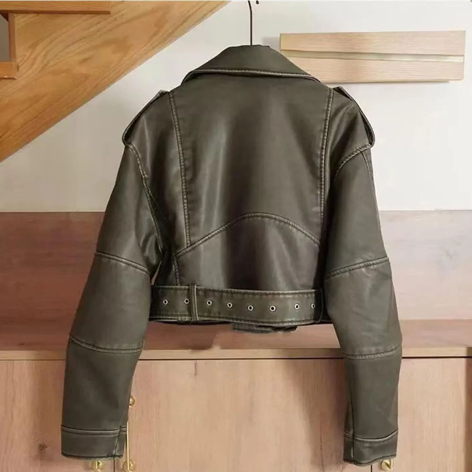 Faux leather jacket womens motorcycle Coat Lapel Casual Zip Up Cropped jacket Moto Biker Outwear with Belt(Army green,Medium)