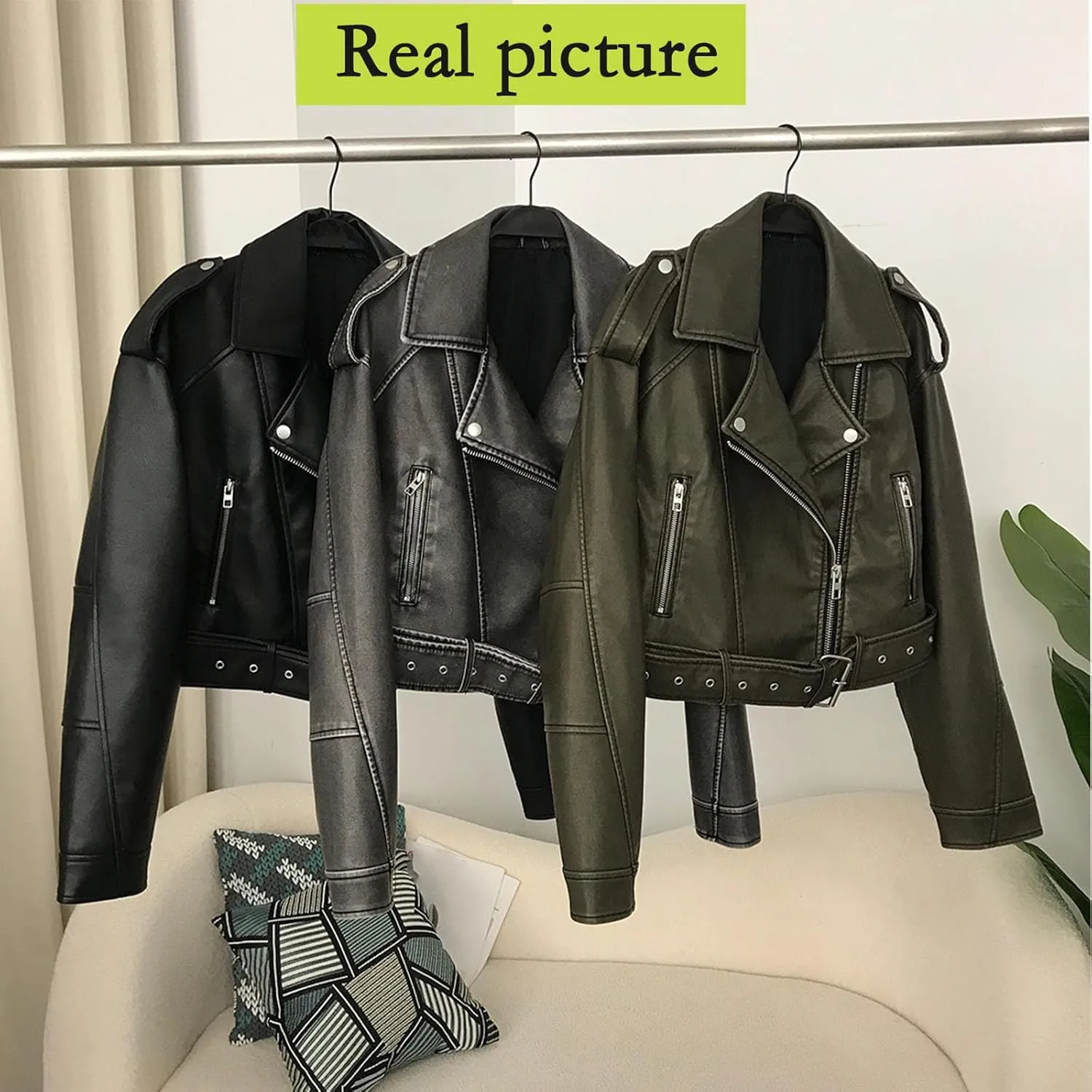 Faux leather jacket womens motorcycle Coat Lapel Casual Zip Up Cropped jacket Moto Biker Outwear with Belt(Army green,Medium)