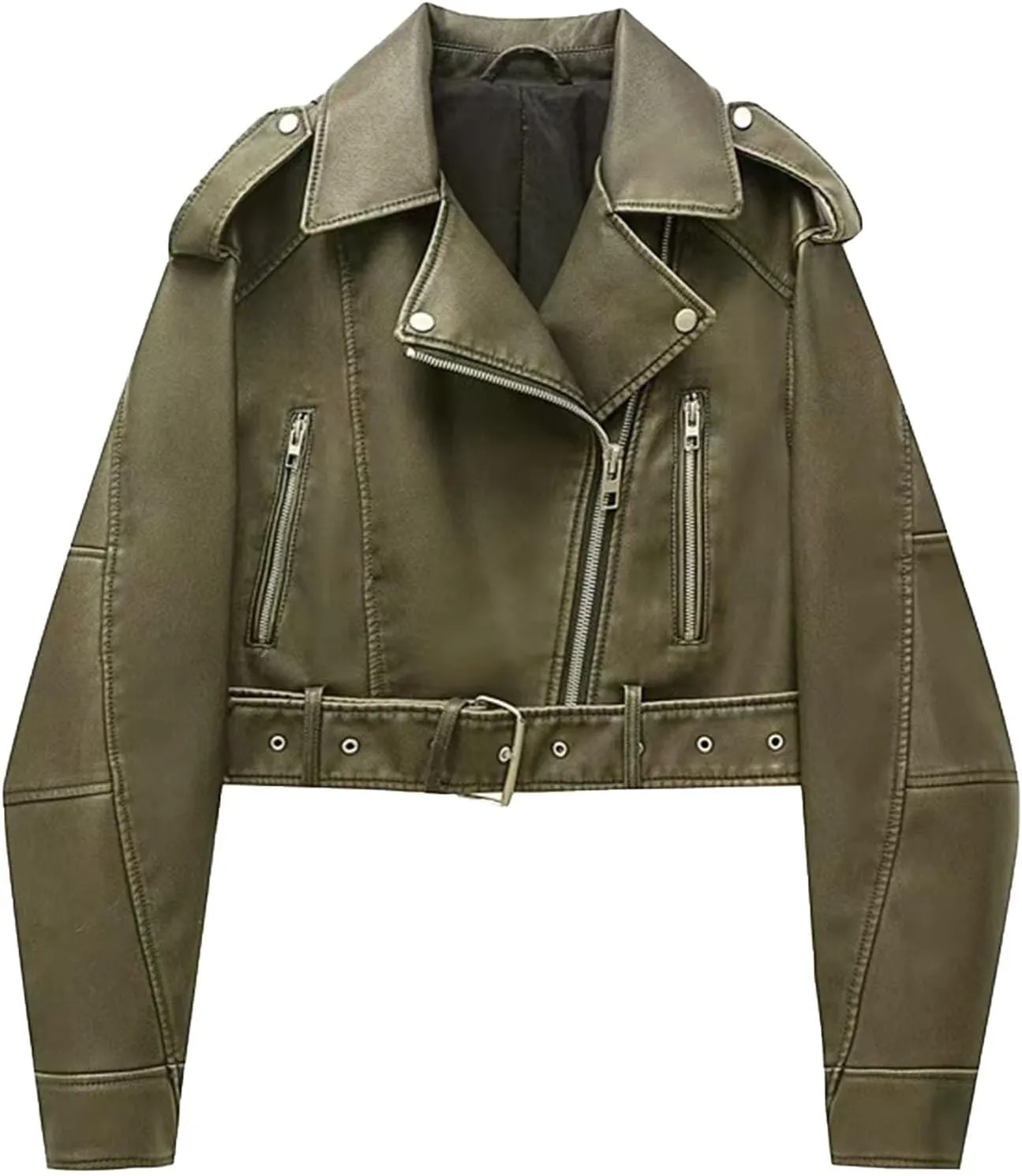 Faux leather jacket womens motorcycle Coat Lapel Casual Zip Up Cropped jacket Moto Biker Outwear with Belt(Army green,Medium)