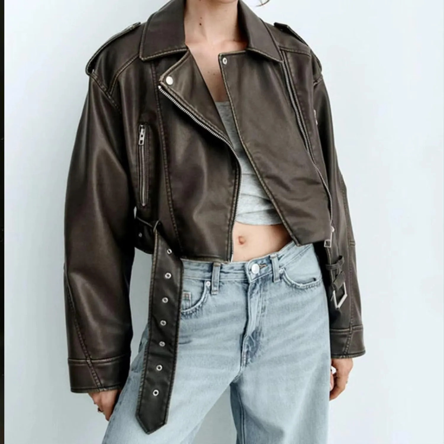 Faux leather jacket womens motorcycle Coat Lapel Casual Zip Up Cropped jacket Moto Biker Outwear with Belt(Army green,Medium)