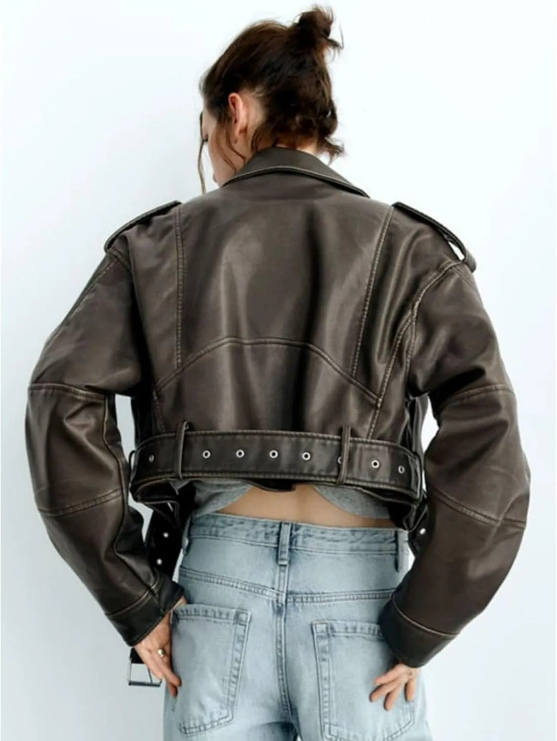 Faux leather jacket womens motorcycle Coat Lapel Casual Zip Up Cropped jacket Moto Biker Outwear with Belt(Army green,Medium)