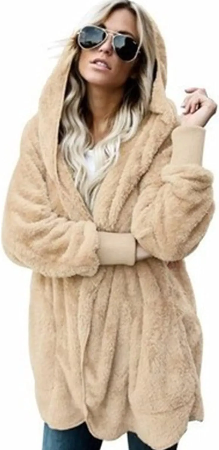 Fleece Jackets for Women Fuzzy Open Front Oversized Cardigan Hooded Sherpa Jacket Fluffy Winter Coats with Pockets