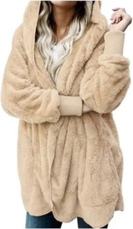 Fleece Jackets for Women Fuzzy Open Front Oversized Cardigan Hooded Sherpa Jacket Fluffy Winter Coats with Pockets