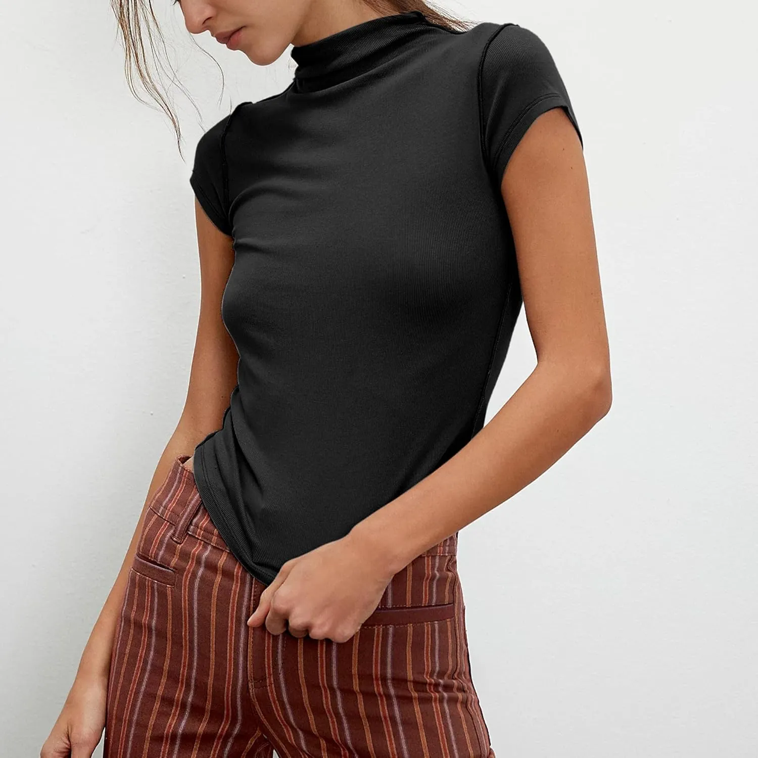 Hixiaohe Womens T-Shirt Cap Sleeve Top Casual Mock Neck Shirts Summer Tops Slim Fit Tees Y2k Clothing Trendy Fashion Outfits