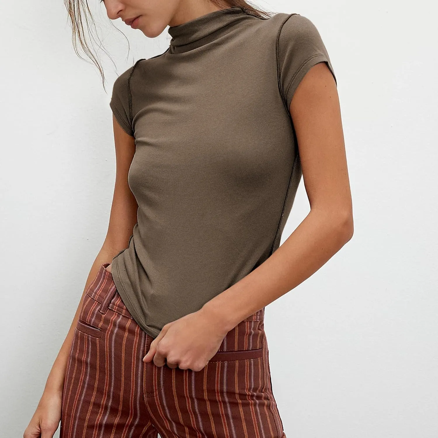 Hixiaohe Womens T-Shirt Cap Sleeve Top Casual Mock Neck Shirts Summer Tops Slim Fit Tees Y2k Clothing Trendy Fashion Outfits