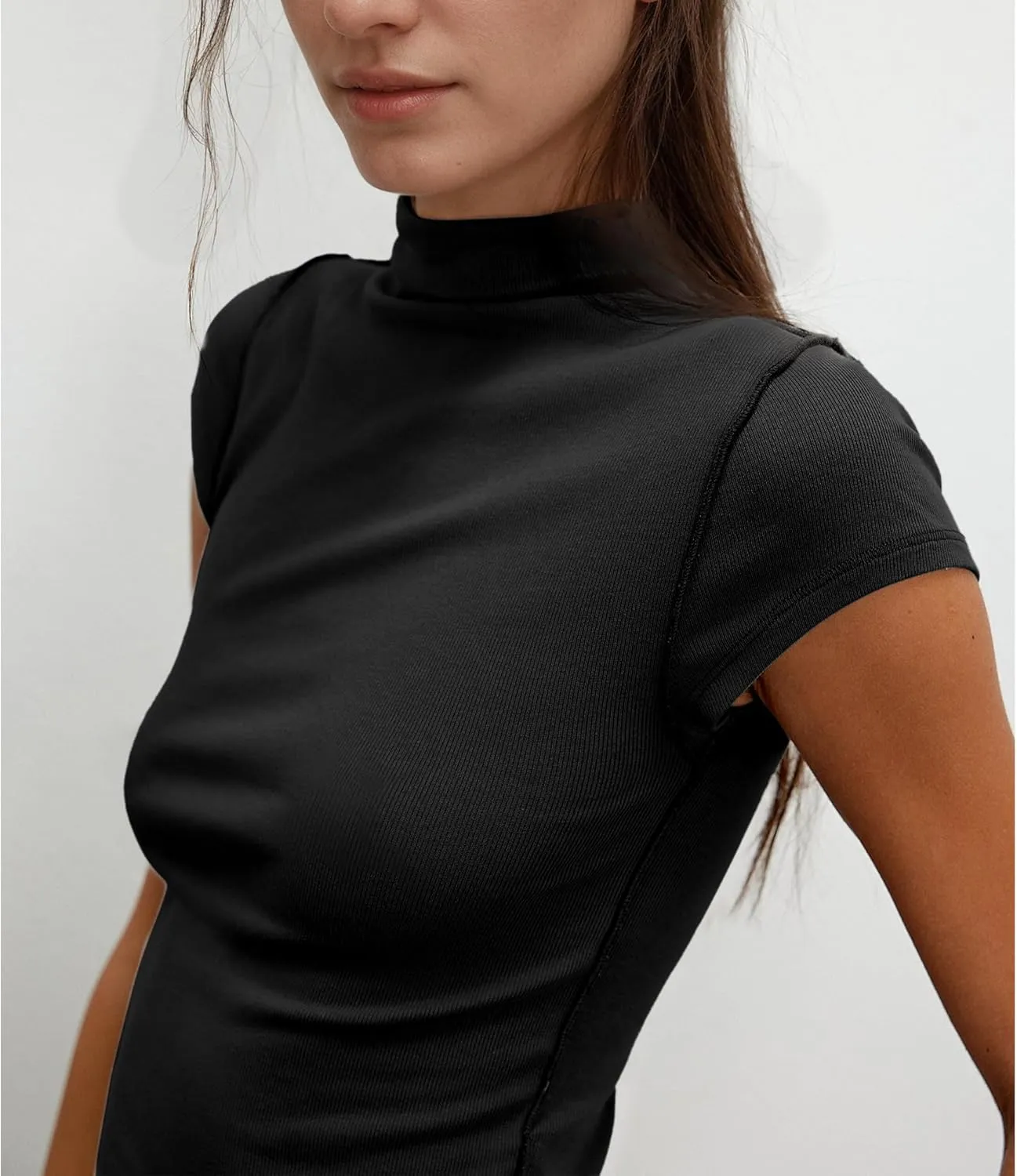 Hixiaohe Womens T-Shirt Cap Sleeve Top Casual Mock Neck Shirts Summer Tops Slim Fit Tees Y2k Clothing Trendy Fashion Outfits
