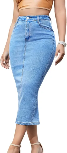 lcyhony Long Denim Skirt Women Stretchy High Waist Tummy Control Jean Skirt Y2k Back Slit Pencil Bodycon Skirts with Pockets
