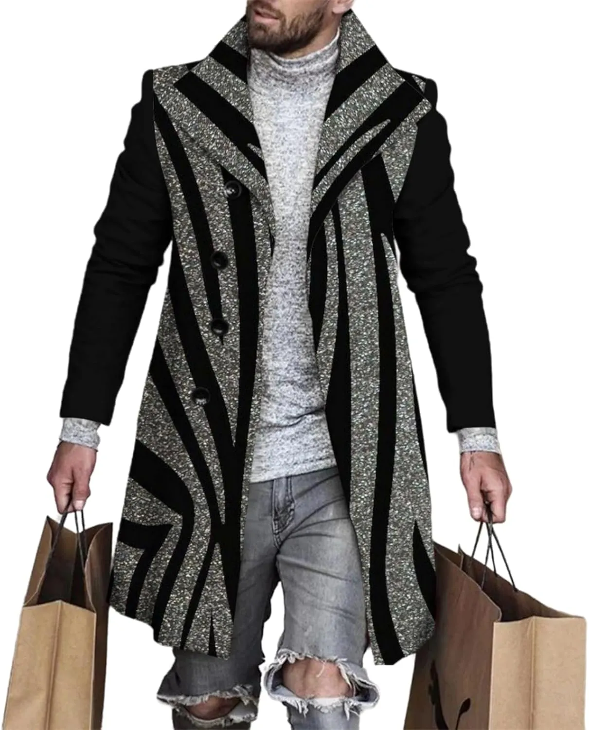 LOAIHA Men's Casual Trench Coat Fashion Plaid Splicing Single Breasted Mid Length Peacoat Fall Winter Warm Jacket Outwear