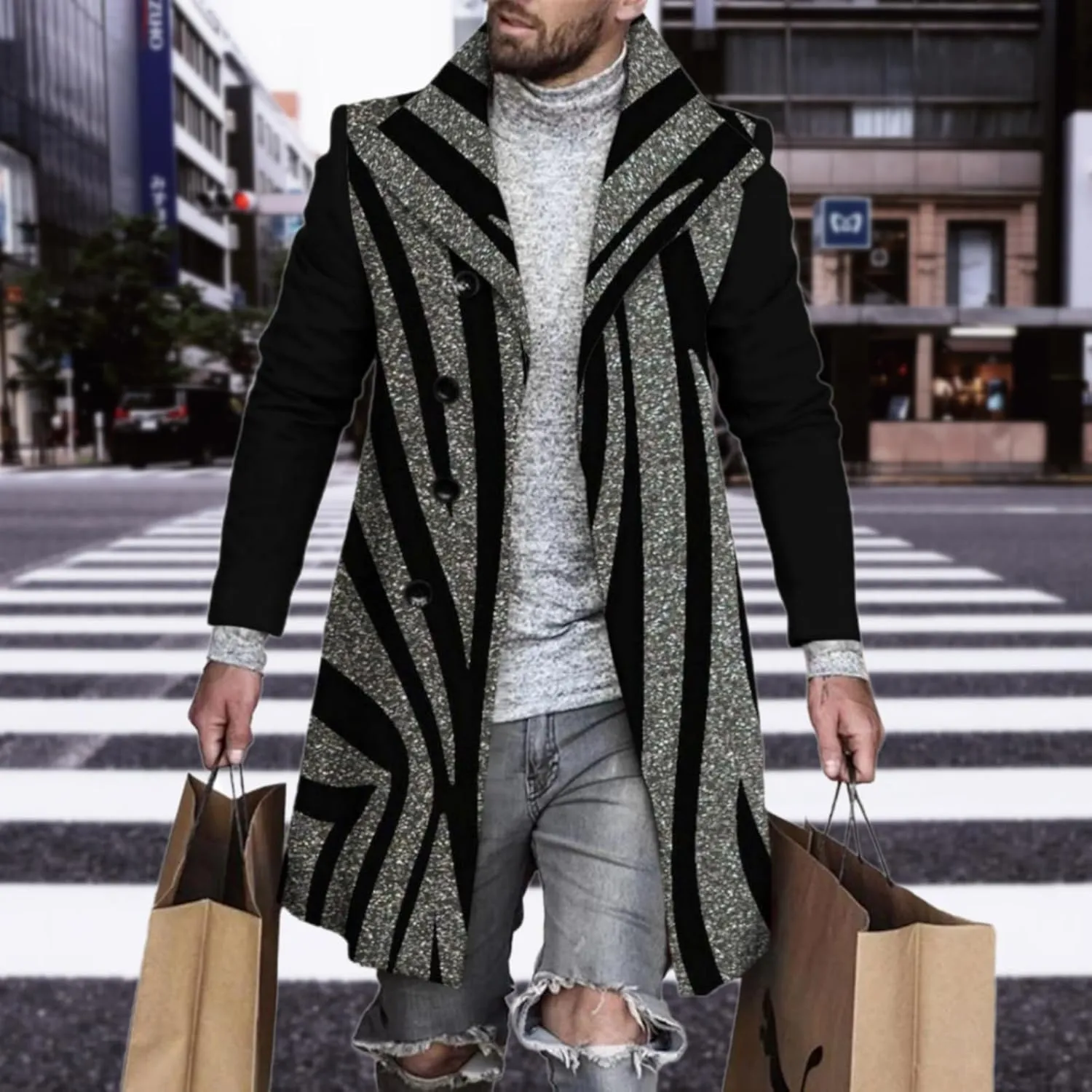 LOAIHA Men's Casual Trench Coat Fashion Plaid Splicing Single Breasted Mid Length Peacoat Fall Winter Warm Jacket Outwear