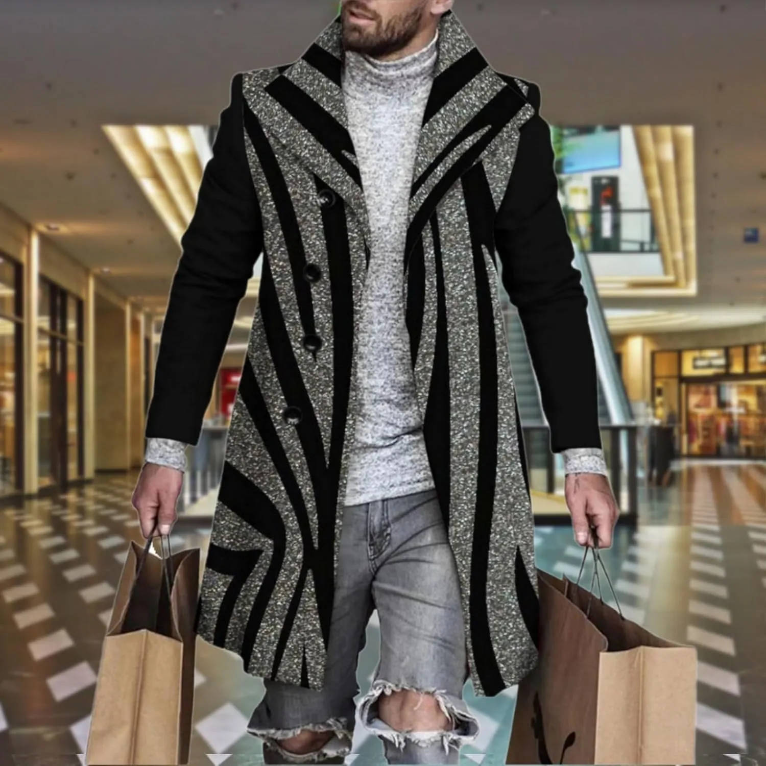 LOAIHA Men's Casual Trench Coat Fashion Plaid Splicing Single Breasted Mid Length Peacoat Fall Winter Warm Jacket Outwear