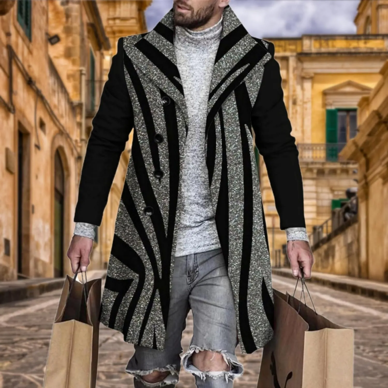 LOAIHA Men's Casual Trench Coat Fashion Plaid Splicing Single Breasted Mid Length Peacoat Fall Winter Warm Jacket Outwear