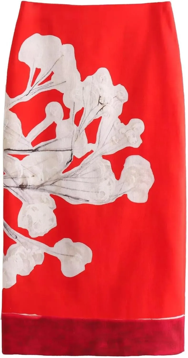 Long Floral Midi Skirt Pencil Skirt Pink Skirt for Women Linen Maxi Skirt with Slit