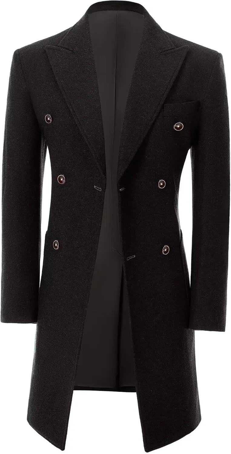 Men Trench Coat Classic Warm Peak Lapel Peacoat Mens Double Breasted Business Long Winter Mens Overcoat with Pockets