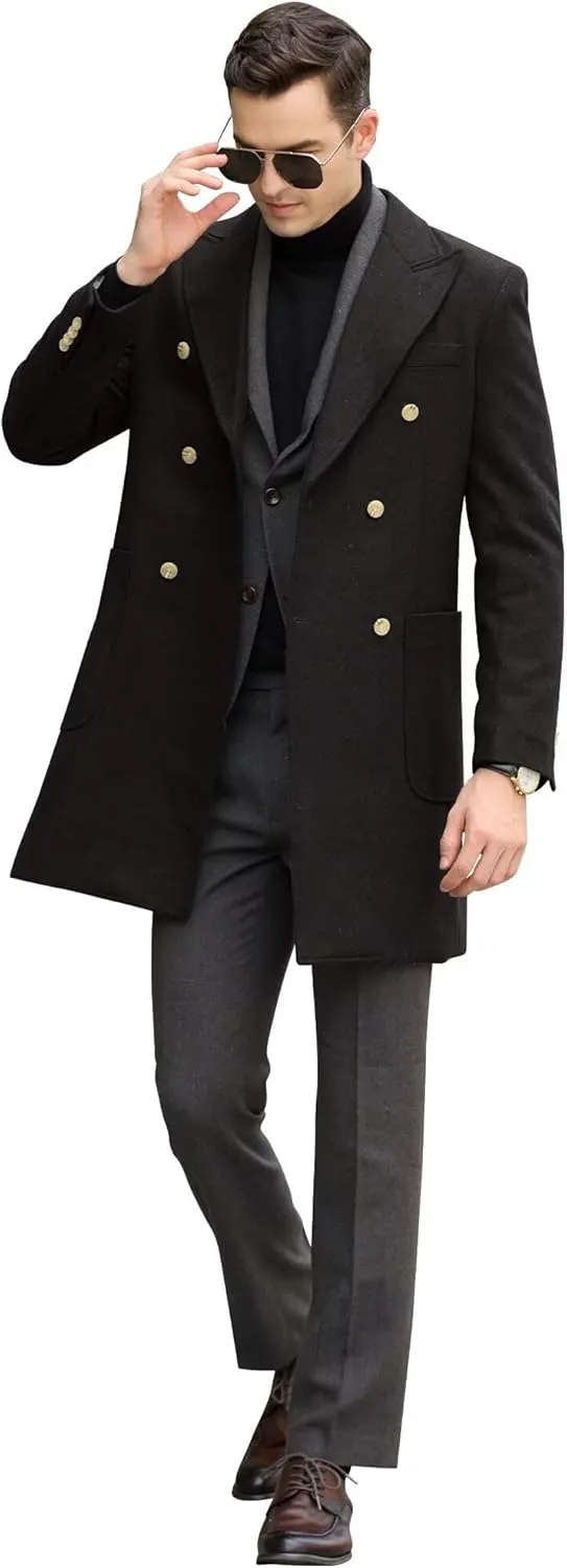 Men Trench Coat Classic Warm Peak Lapel Peacoat Mens Double Breasted Business Long Winter Mens Overcoat with Pockets