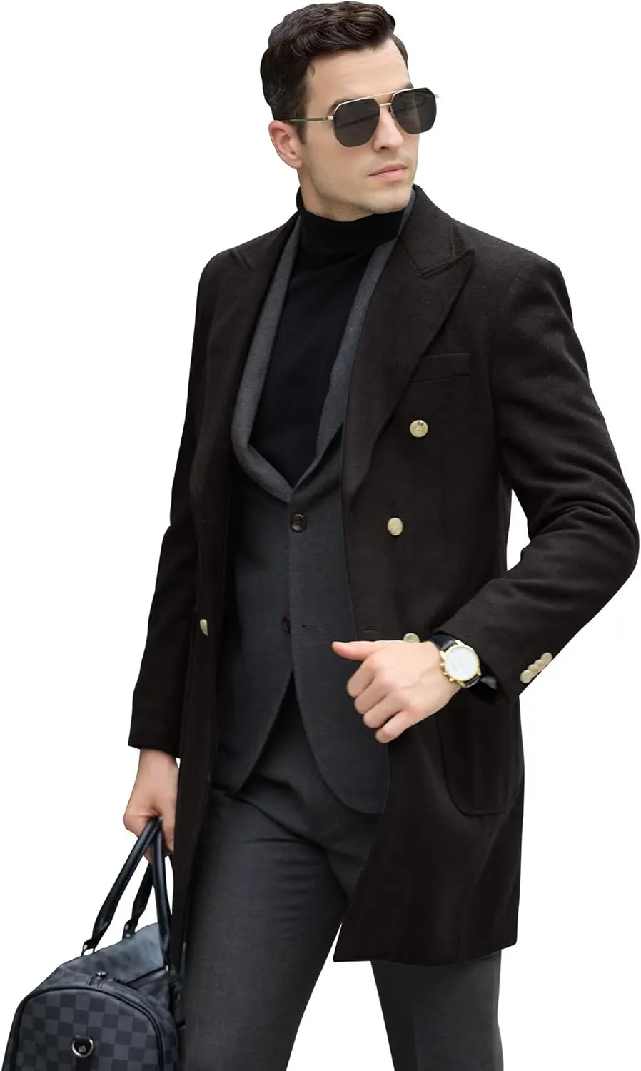 Men Trench Coat Classic Warm Peak Lapel Peacoat Mens Double Breasted Business Long Winter Mens Overcoat with Pockets