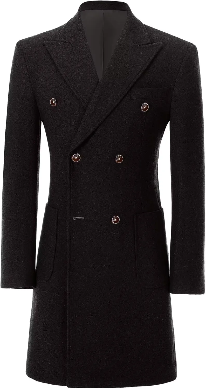 Men Trench Coat Classic Warm Peak Lapel Peacoat Mens Double Breasted Business Long Winter Mens Overcoat with Pockets