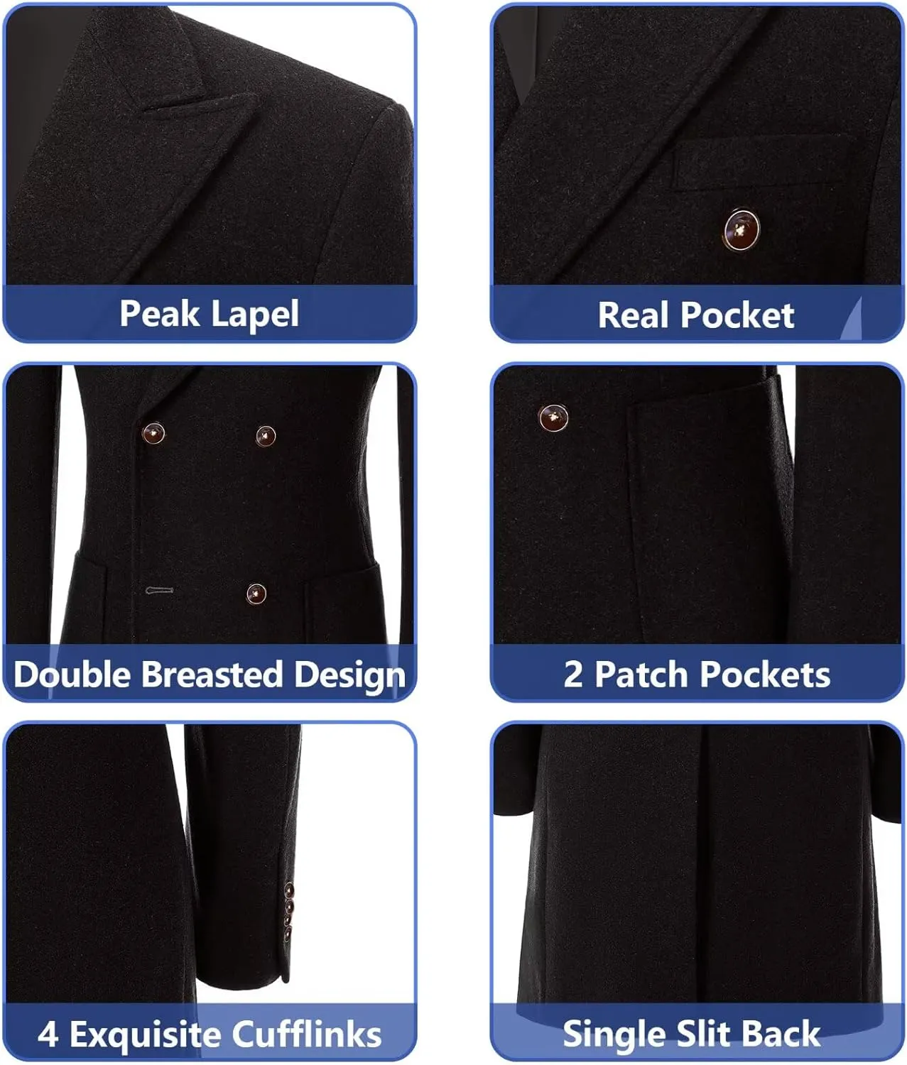 Men Trench Coat Classic Warm Peak Lapel Peacoat Mens Double Breasted Business Long Winter Mens Overcoat with Pockets