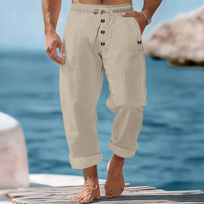 Mens Linen Casual Buttoned Baggy Loose Fit Elastic Drawstring Waist Straight Legs Yoga Beach Long Trousers Pants