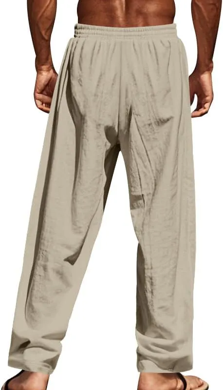 Mens Linen Casual Buttoned Baggy Loose Fit Elastic Drawstring Waist Straight Legs Yoga Beach Long Trousers Pants