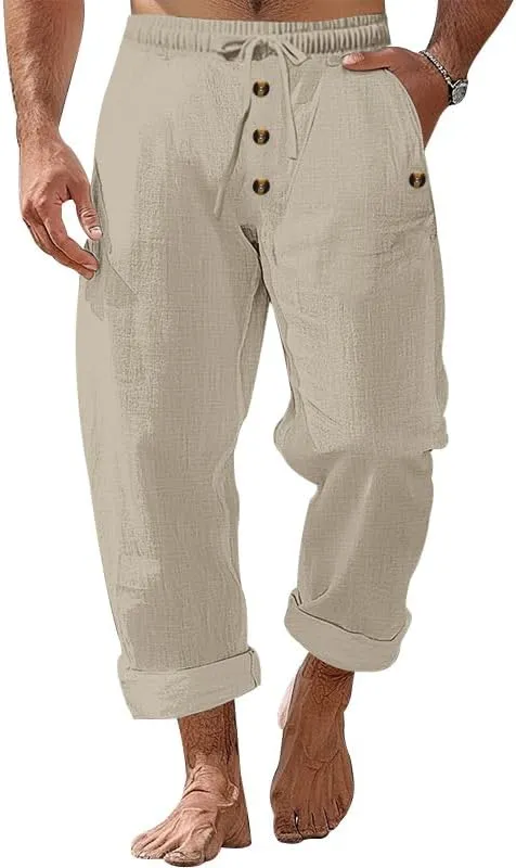Mens Linen Casual Buttoned Baggy Loose Fit Elastic Drawstring Waist Straight Legs Yoga Beach Long Trousers Pants