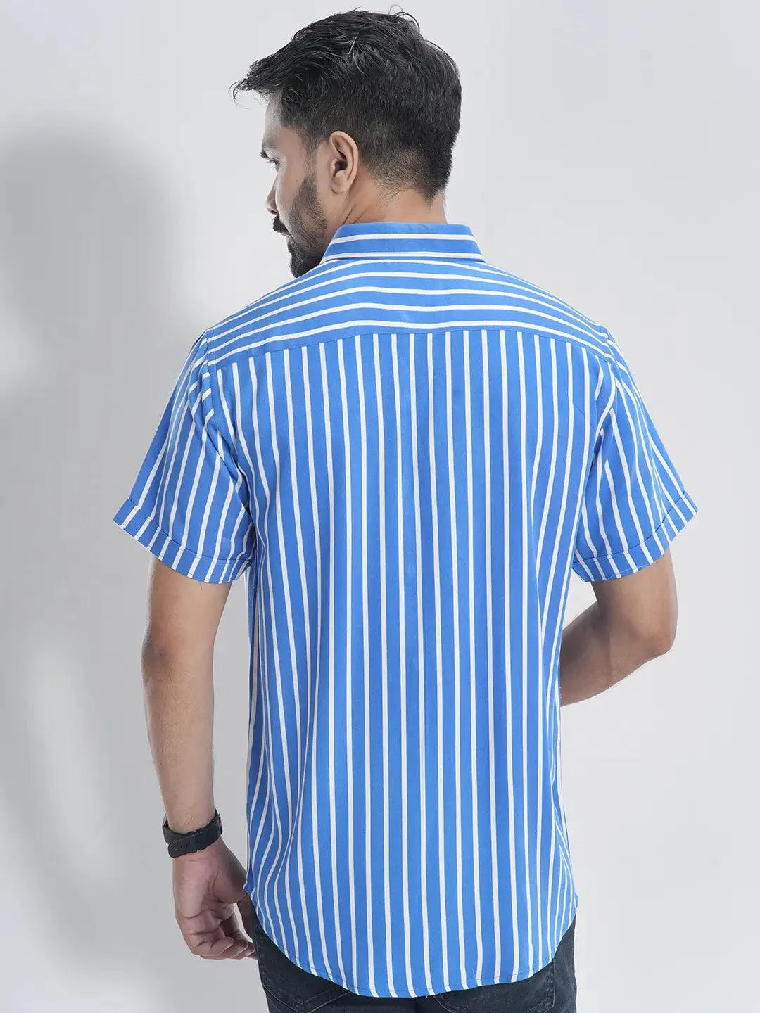 Men's Short Sleeve Casual Shirt in Stripe Azure Blue
