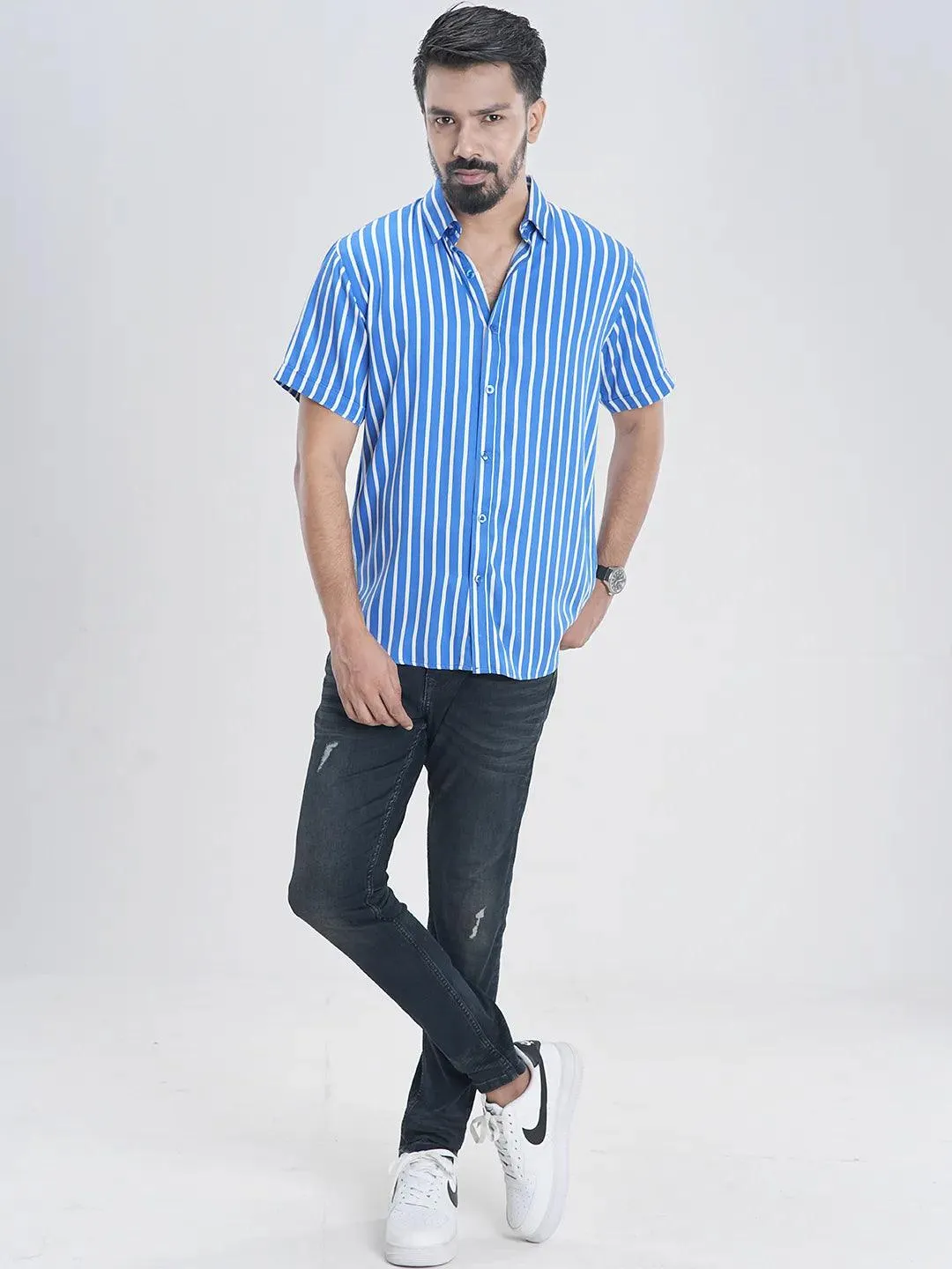 Men's Short Sleeve Casual Shirt in Stripe Azure Blue