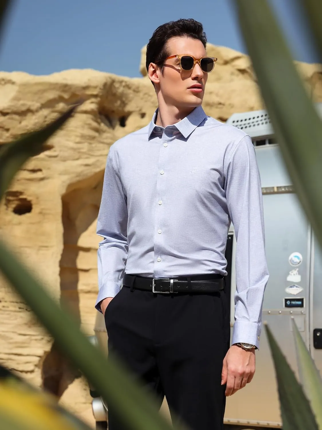 Mens Stretch Checkered Shirt- Wrinkle Free No Iron Slim Fit Breathable Dress Shirt for Office Travel
