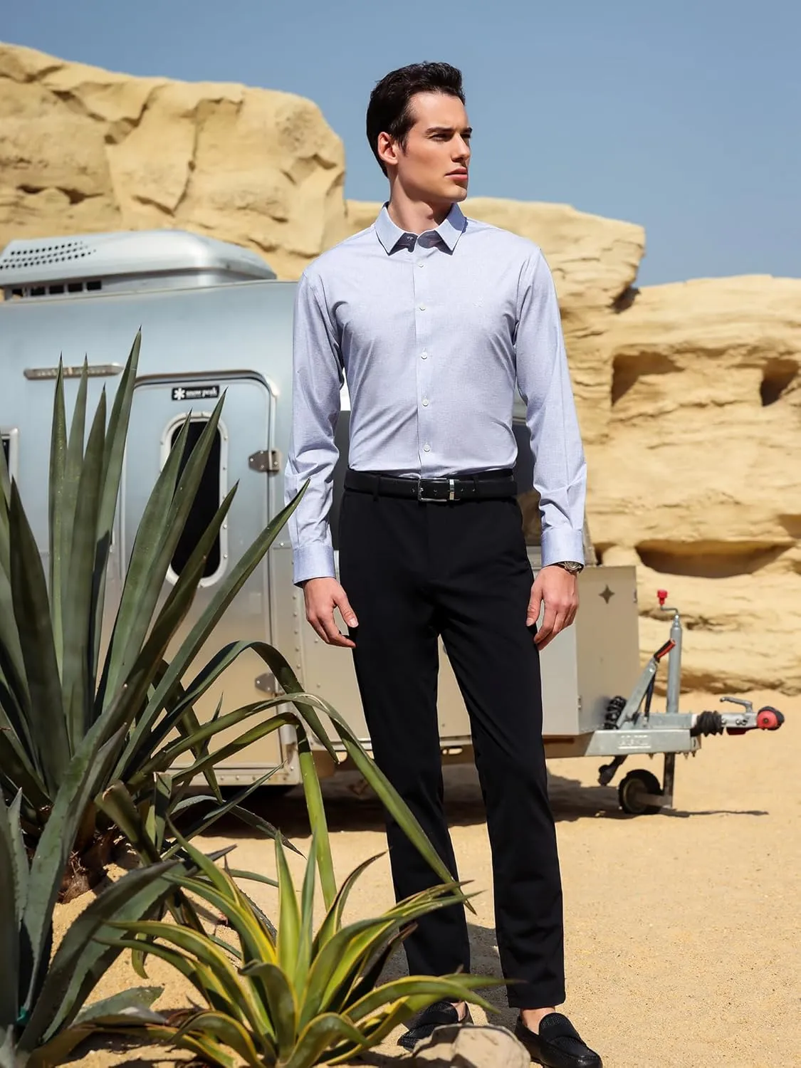 Mens Stretch Checkered Shirt- Wrinkle Free No Iron Slim Fit Breathable Dress Shirt for Office Travel