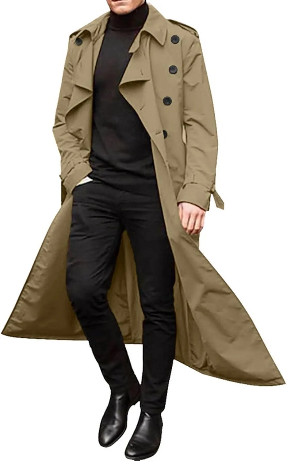 Mens Trench Coats Notched Lapel Double Breasted Full Length Windbreaker Casual Lightweight Thin Belt Jacket Overcoat