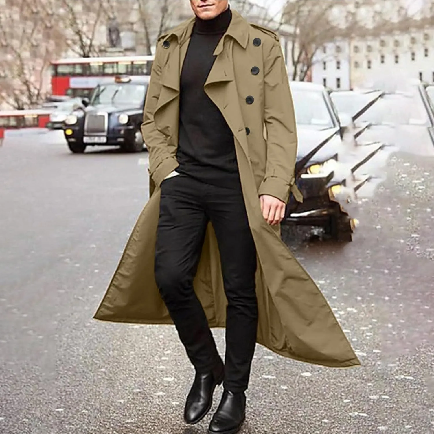 Mens Trench Coats Notched Lapel Double Breasted Full Length Windbreaker Casual Lightweight Thin Belt Jacket Overcoat