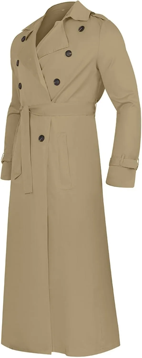 Mens Trench Coats Notched Lapel Double Breasted Full Length Windbreaker Casual Lightweight Thin Belt Jacket Overcoat