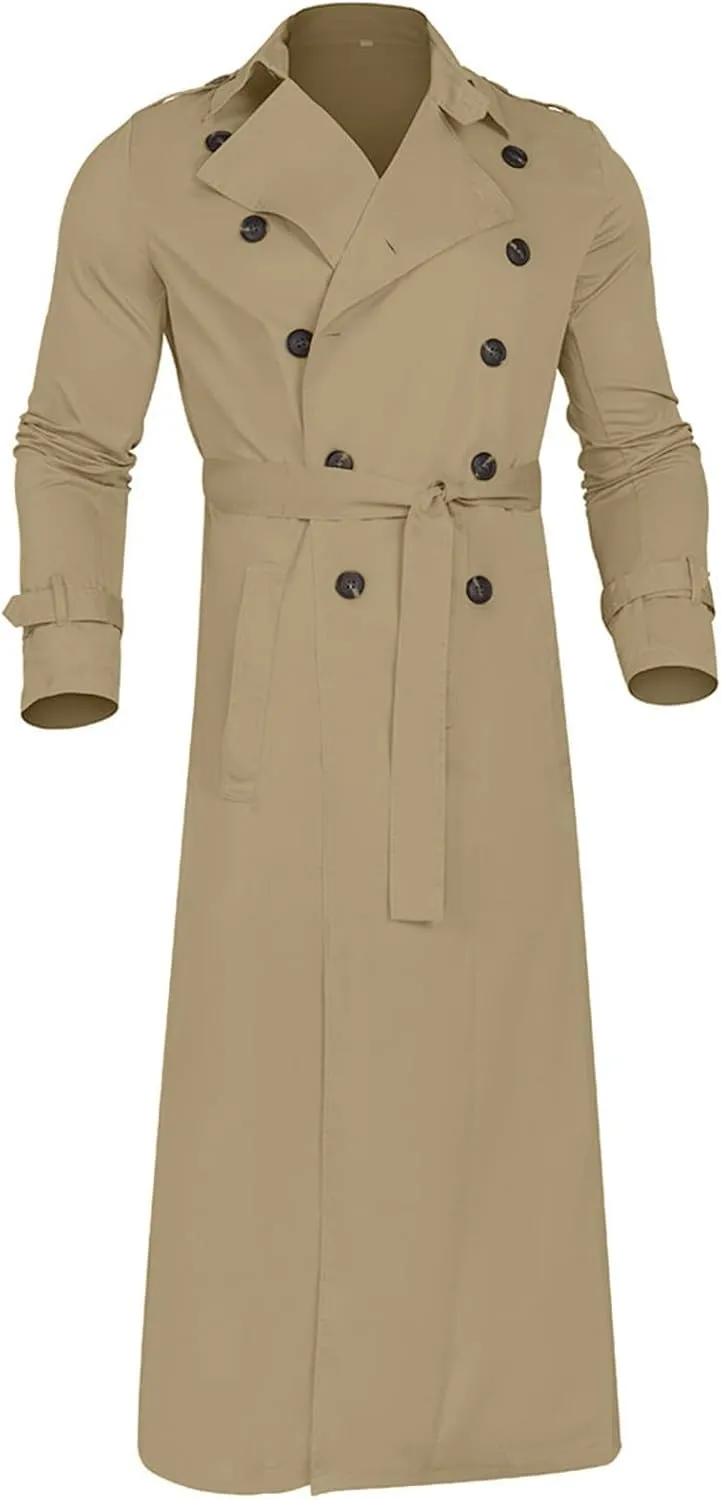 Mens Trench Coats Notched Lapel Double Breasted Full Length Windbreaker Casual Lightweight Thin Belt Jacket Overcoat