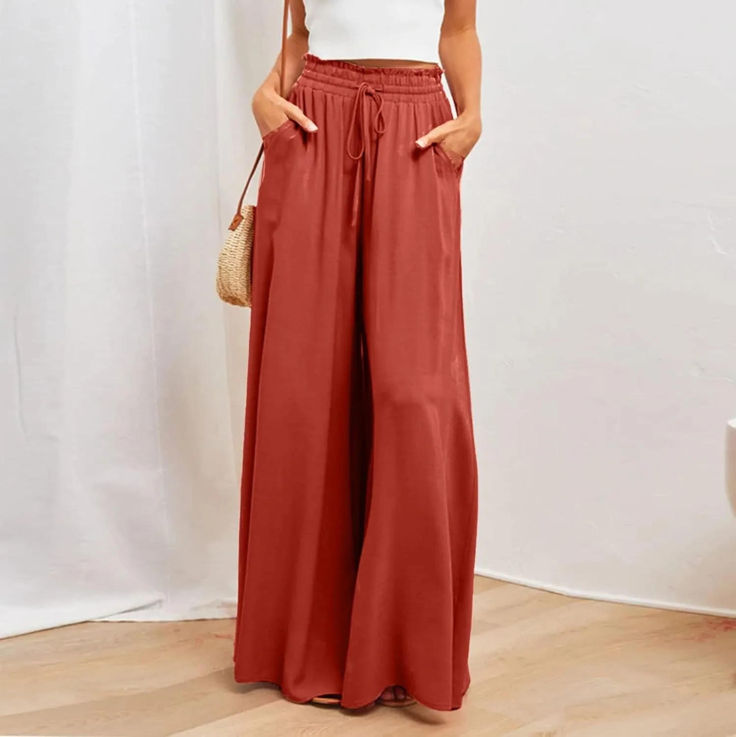 Palazzo Pants for Women Baggy Chiffon Skirt Pants Flowy Culottes Pants High Waisted Paper Bag Beach Pants with Pockets